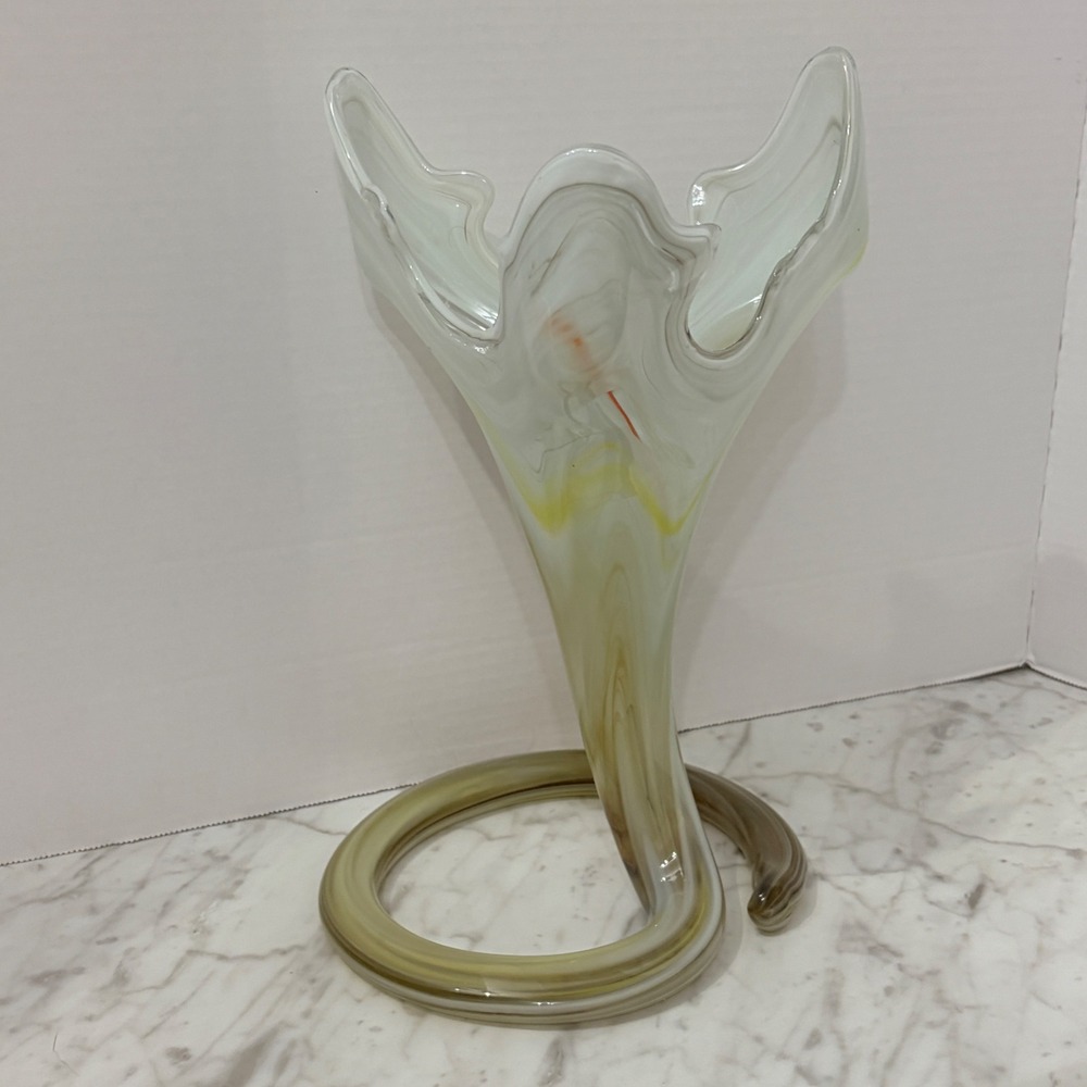 Vintage Murano Style Hand-Blown Art Glass Vase Yellow White Swirl Pattern